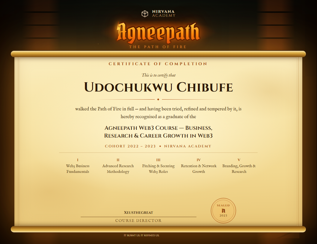 Agneepath Web3 Course certificate of completion, Nirvana Academy, Cohort 2022–2023