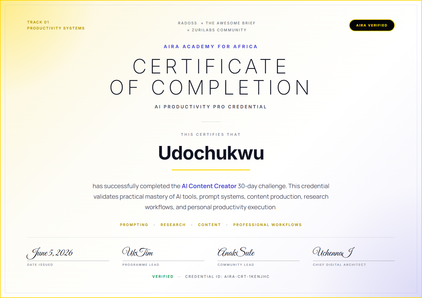 AI Content Creator certificate, AIRA Academy for Africa